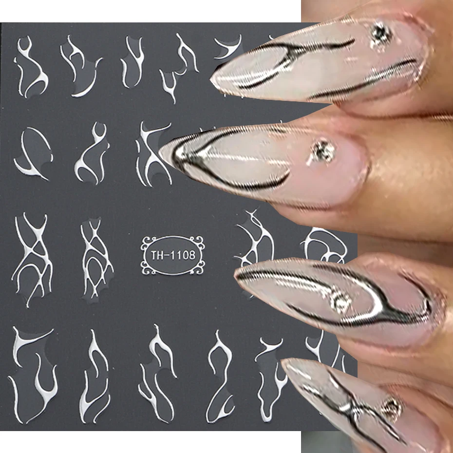 3D Metal Silver Flame Nails Stickers Gold Bronzing Stripe Lines Sliders Design Manicure French Nail Art Decoration Decal #Y2K