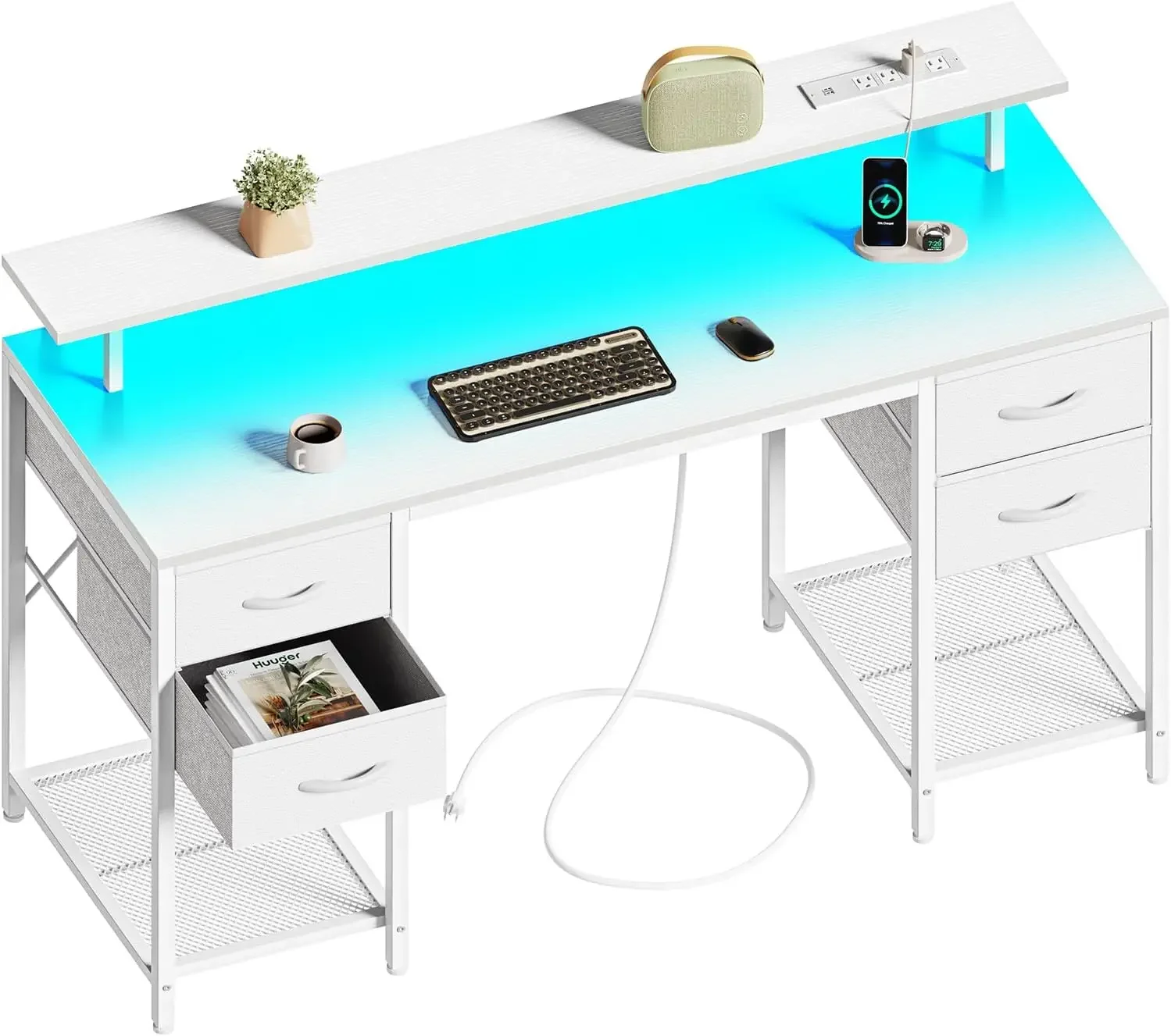 

55 inch Computer Desk with 4 Drawers, Gaming Desk with LED Lights & Power Outlets, Home Office Desk with Large Storage Space fo