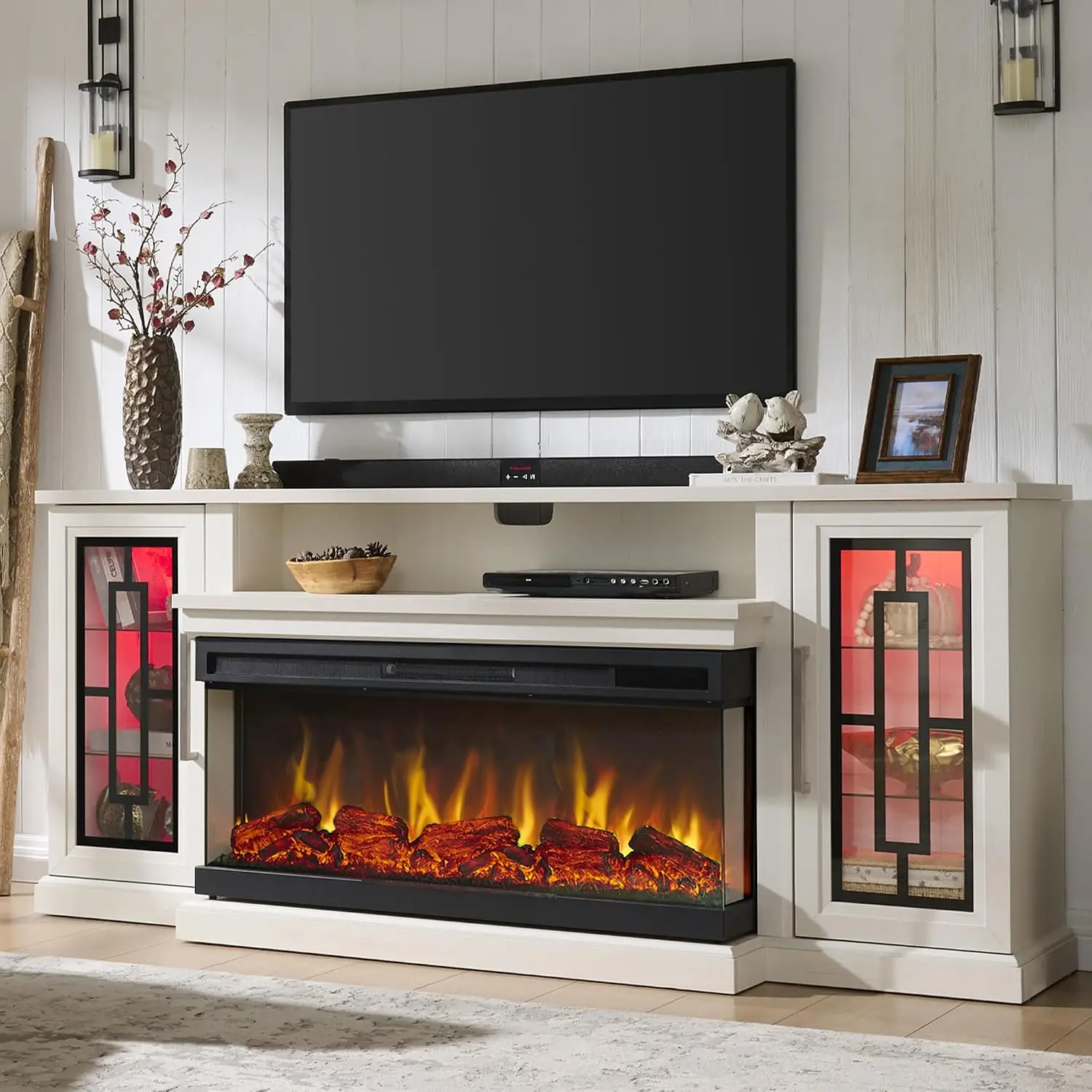 75 Inch Electric Fireplace TV Stand, 3- Side Glass LED Modern Media Entertainment Center Console Table for TVs up, Customized