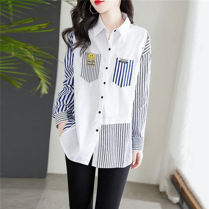 Women Striped Patchwork Pockets Streetwear Button Shirts Korean Fashion Long Sleeve Loose Blouses Chic Cotton Tunic Tops Blusas