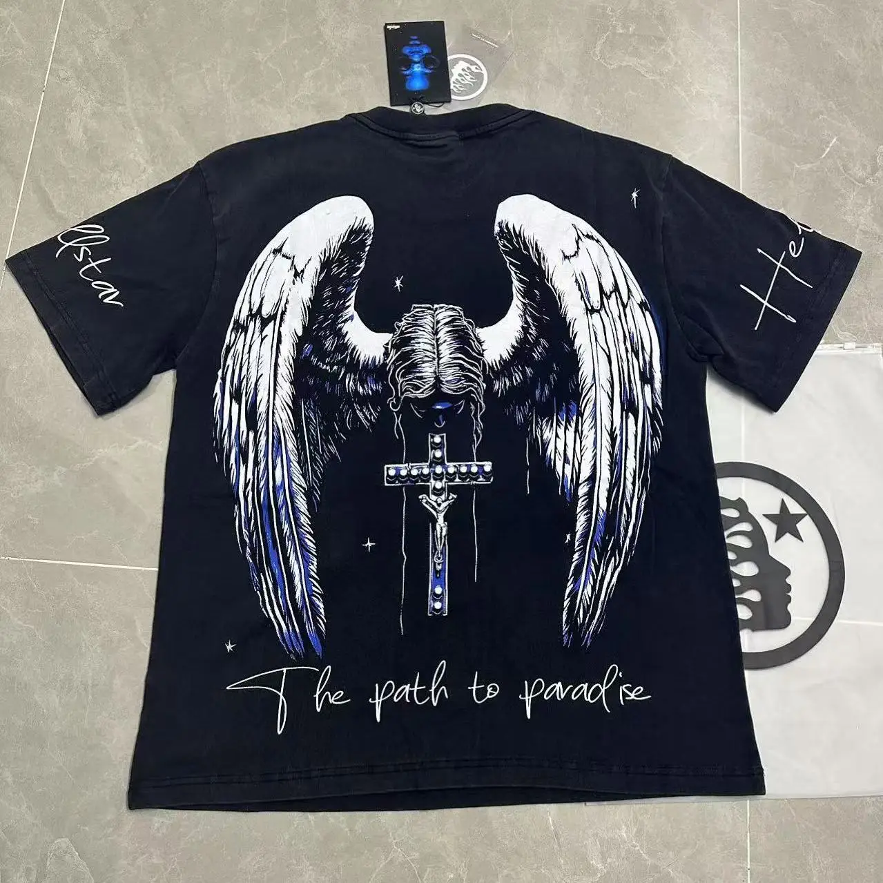 Retro Washed Cotton Short Sleeve T-Shirt American Trendy Brand Crying Angel Print Loose Fit High Street Heavyweight Pure Cotton
