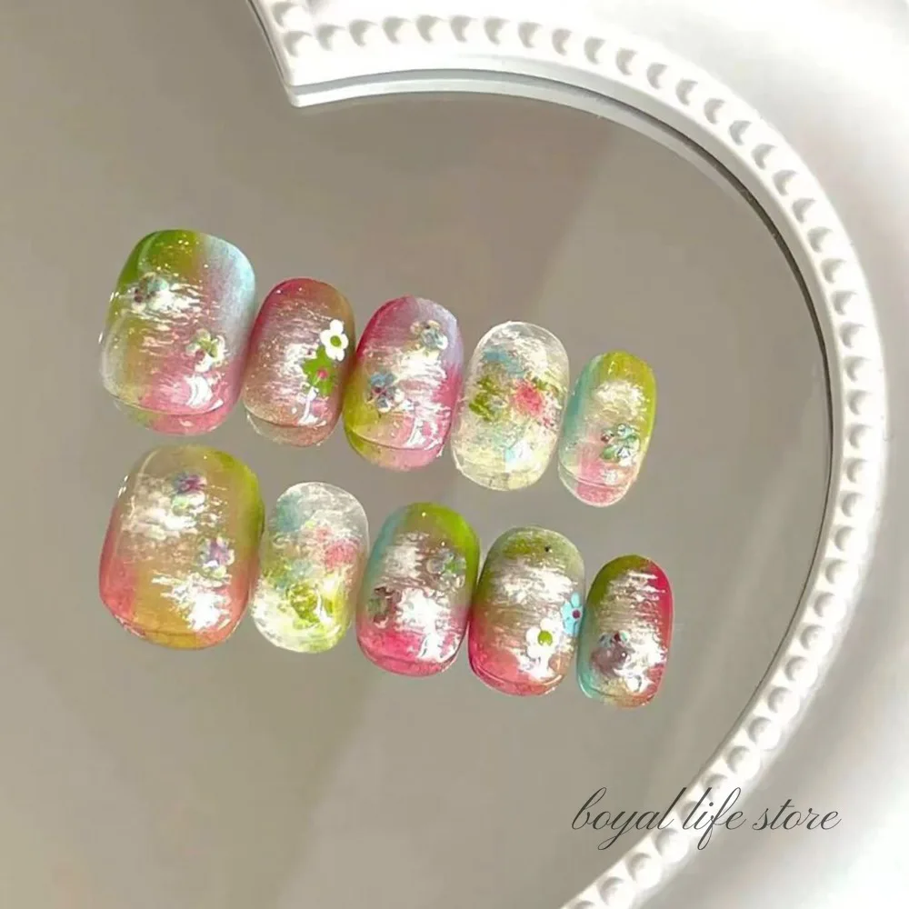 

10pcs Artist Series Whispering Spring Apple Cat Eye Half handmade press on Fake nails tips False nails Stick-on nails