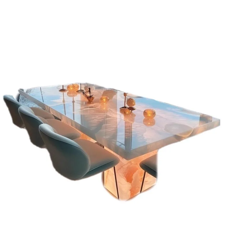 Luminous jade dining table natural luxury stone rectangular pink island white jade light luxury marble dining table light luxury