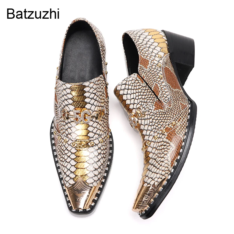 

Batzuzhi Italian Style Men's Shoes Pointed Metal Toe Leather Dress Shoes Men Slip on Oxfords Shoes for Men's Party and Wedding