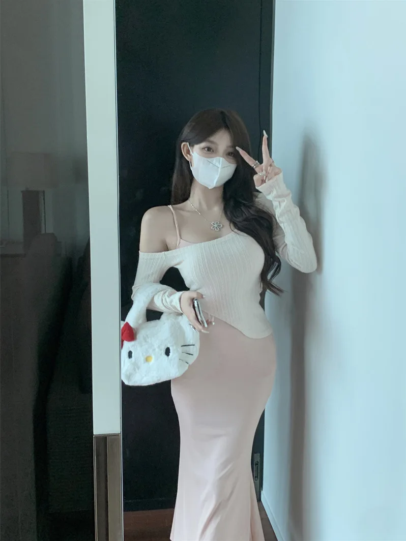 Korean style two piece skirt set women\'s one shoulder knitted sweater spring suspender long Wrap buttocks dress two-piece set Z4