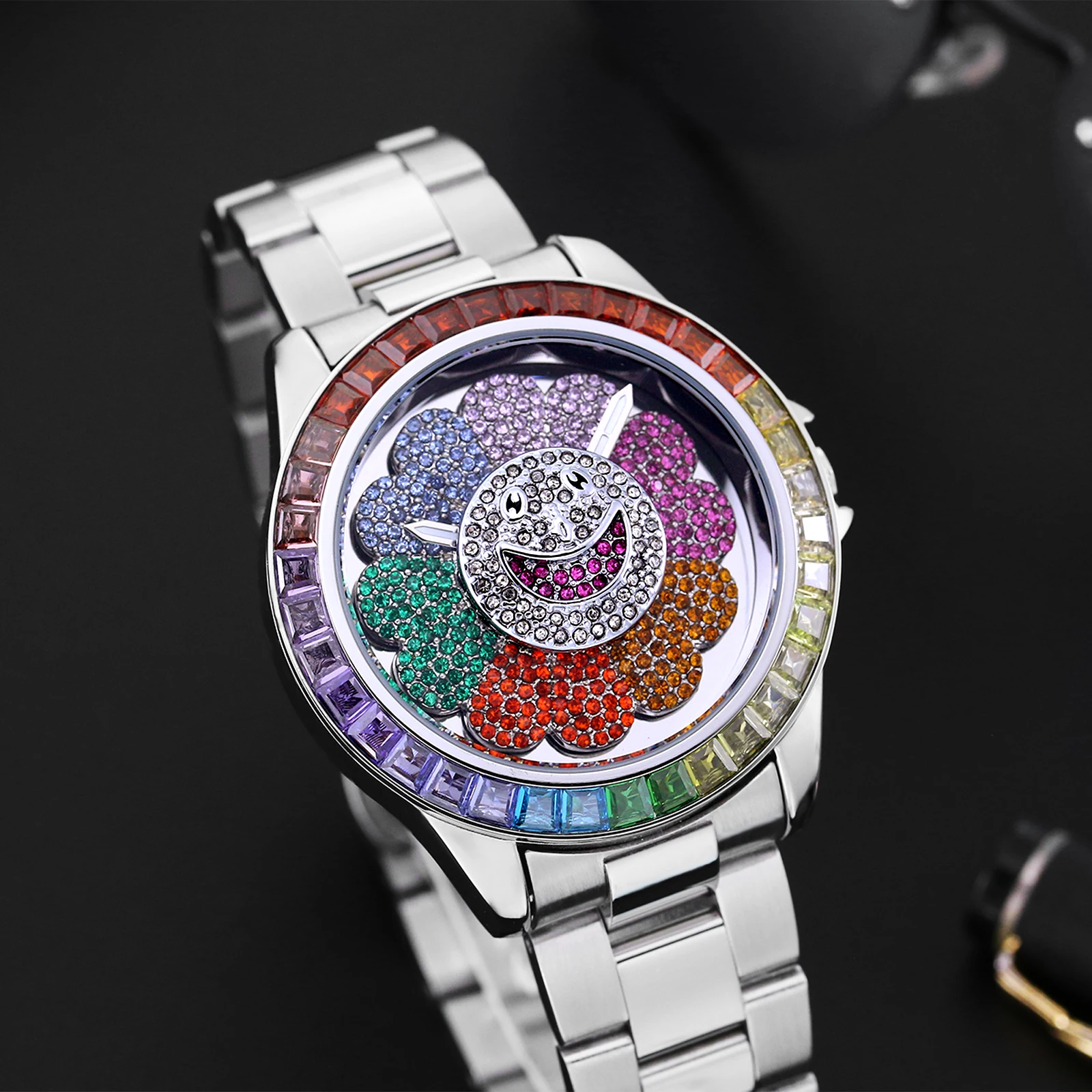 Luxury Iced Watch For Mens Brand MISSFOX Hip Hop Rainbow Diamond Quartz Clocks Fashion Flower Rotating Dial Wristwatch Man Reloj