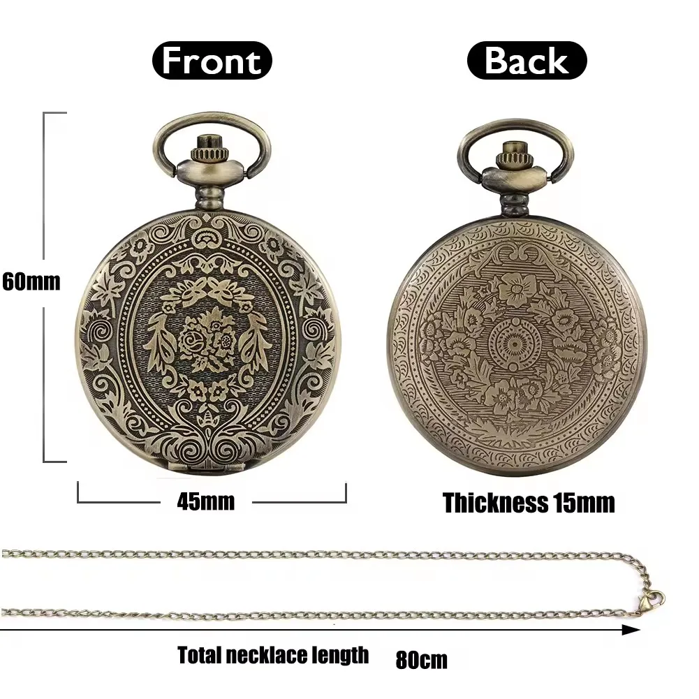 꽃이 새겨진 레트로 목걸이 펜던트, 청동 풀 헌터 스팀펑크 빈티지 포켓 쿼츠 시계, 체인 포함