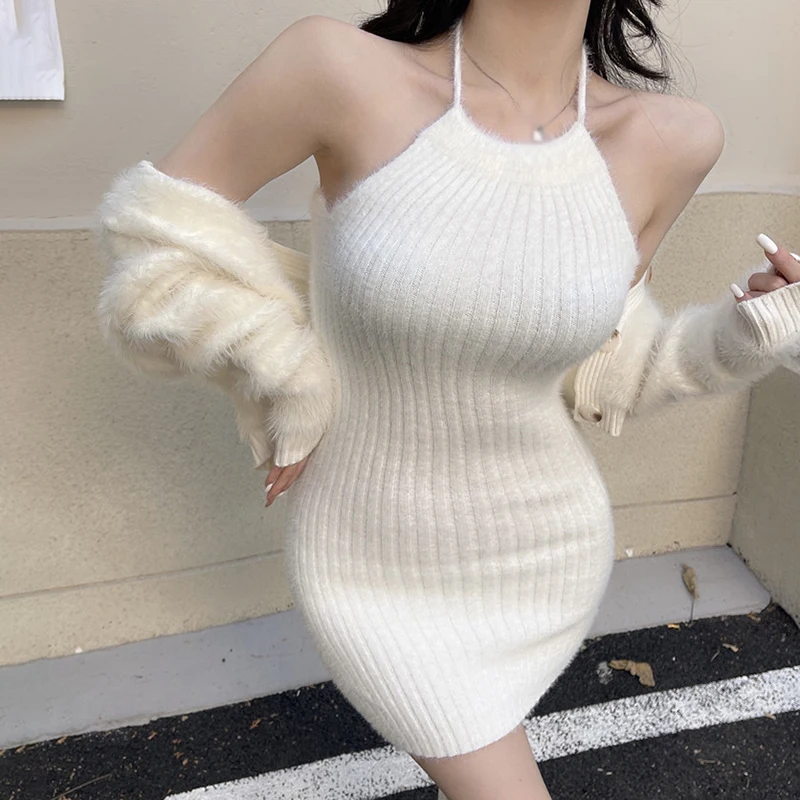 Women's Halter Neck Suspender Dress Lint Knitted Camisole Slim Dress Korean Version Hip Wrap Dress