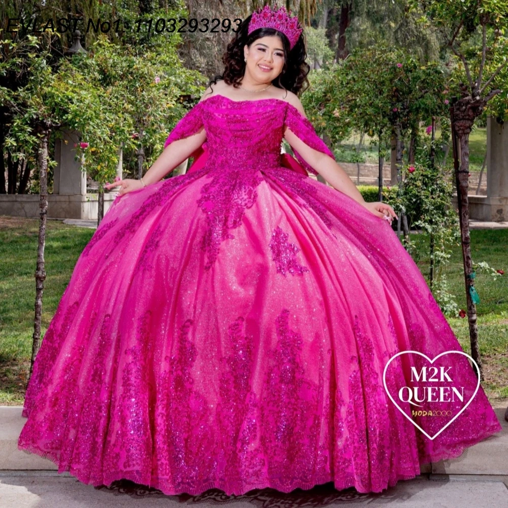 

EVLAST Customized Shiny Hot Pink Ball Gown Quinceanera Dress Sequins Applique Beading Bow Sweet 16 Vestidos De 15 Anos E1QN183