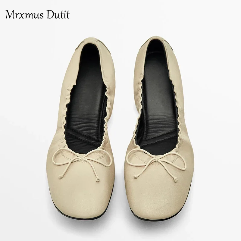 Mrxmus Dutit Fashionable Leather Square Toe Shallow Cut Flat Shoes 2024 Summer New Brown Retro Pleated Details Flat Ballet Shoes