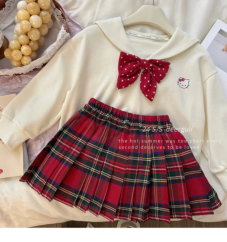 Cute Girls Clothing Set Cartoon Hello Kittys Bow Sweater Pleated Skirt 2Pcs for Children Girls Jk Uniform Plaid Skirt Kids Gift