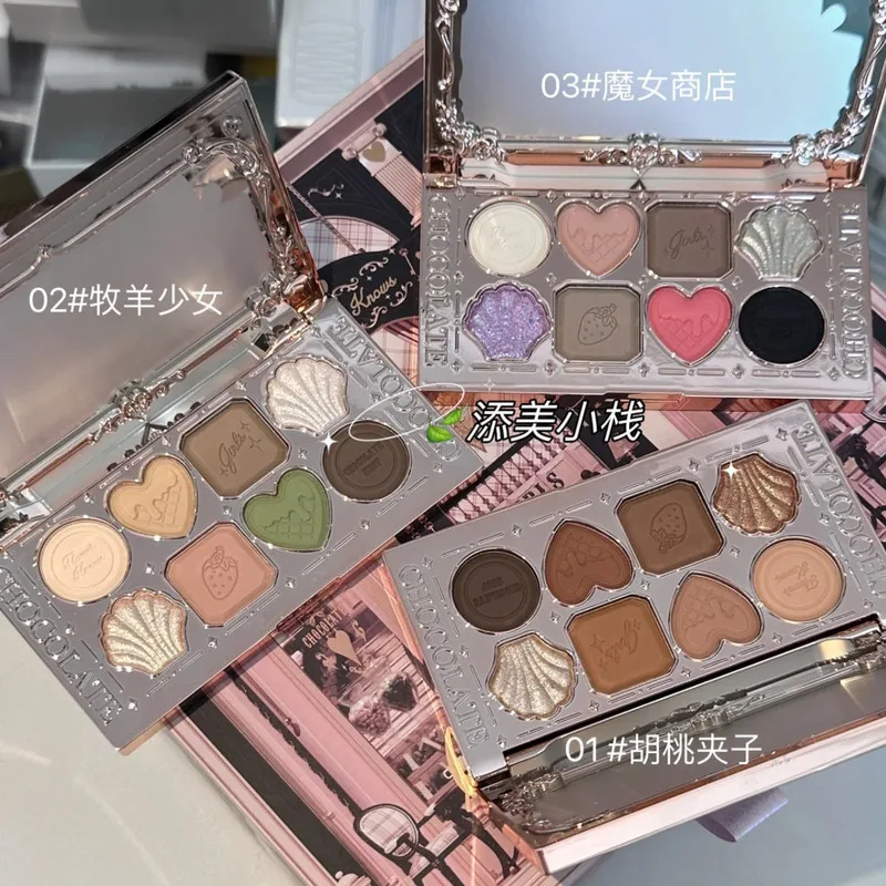 Flower Knows Chocolate Eyeshadow Palette Eight Colors Cherry Pearlescent Matte Finish Chameleon Sparkling Earth Tones Makeup