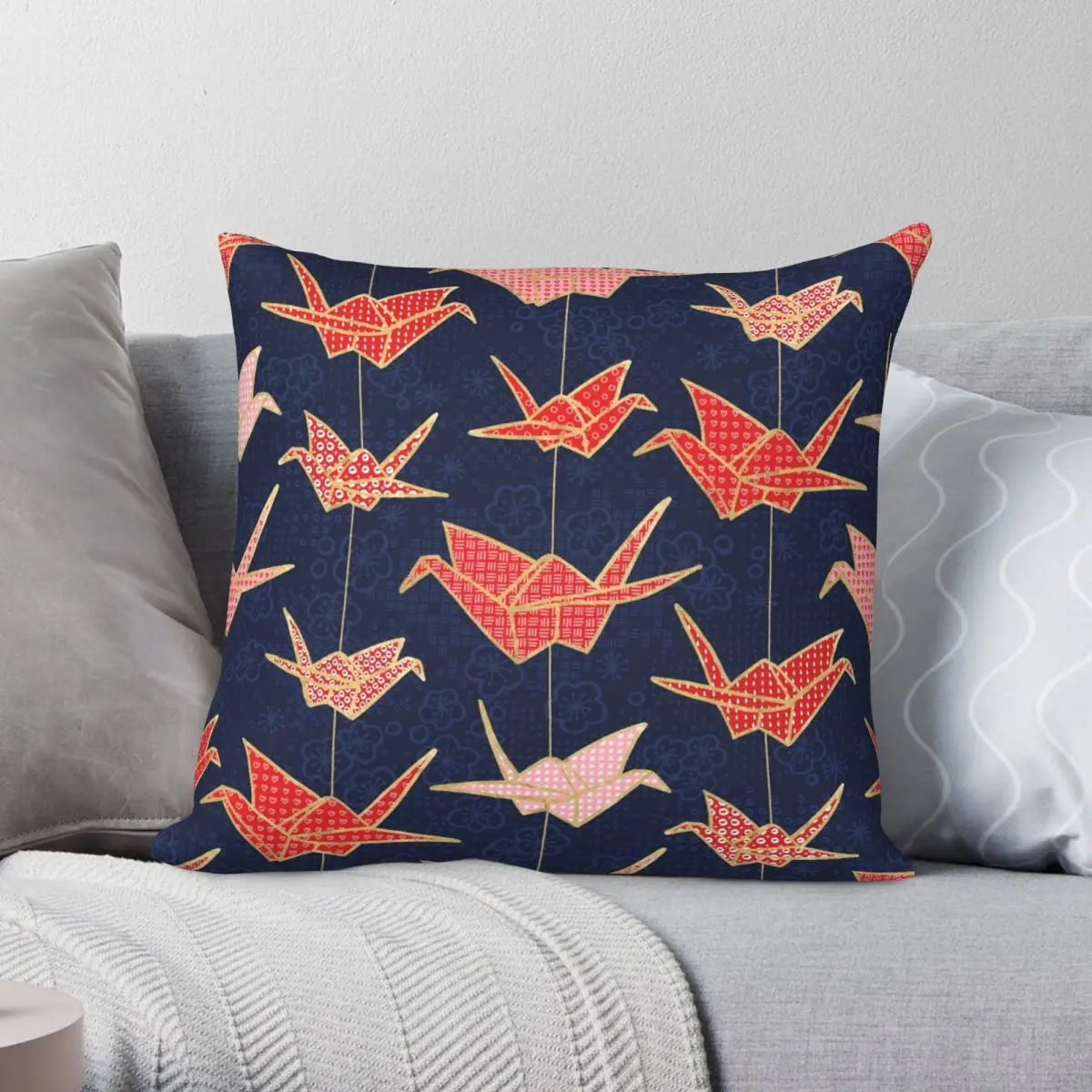 Red Origami Cranes On Navy Blue Square Pillowcase Polyester Linen Velvet Pattern Zip Decor Sofa Seater Cushion Case