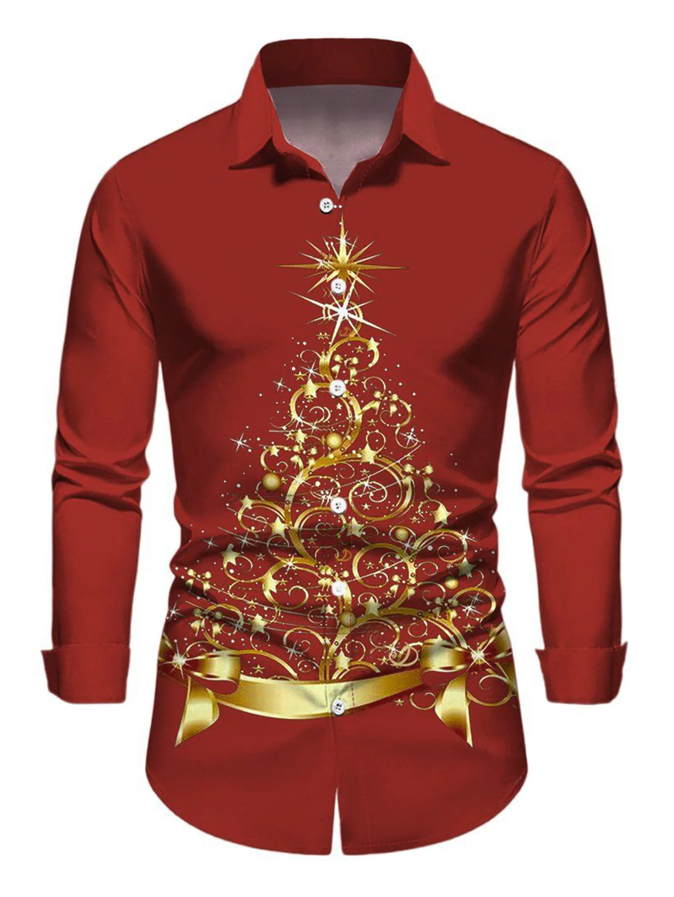 

Men's Christmas-Themed Red Long-Sleeve Shirt with Gold Ornate Christmas Tree Print, Collared Button-Down Shirt for Christmas Holiday Parties, Casual Fashion Top for Spring, Autumn, and Winter