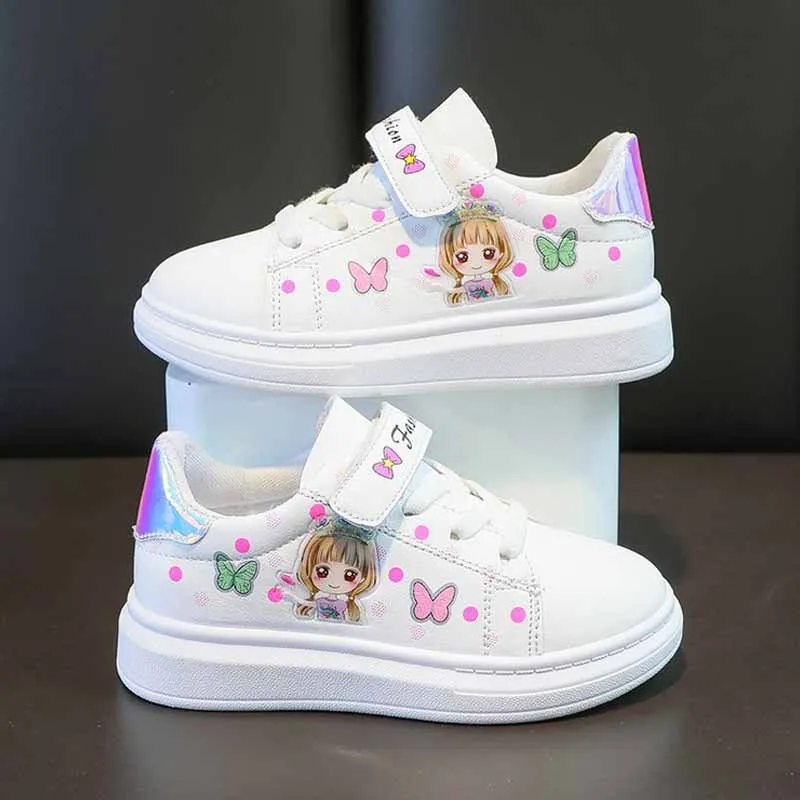 Children\'s Little White Shoes Korean Style Cartoon Girls Print 3-12Y Students Casual Sneakers PU Leather Waterproof Board Shoes