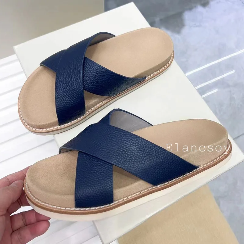 Echtes Leder Cross Strap Einfache Offene spitze Hausschuhe Einfarbig Dicken Sohlen Rutschen Sommer Freizeit Urlaub Strand Schuhe Unisex