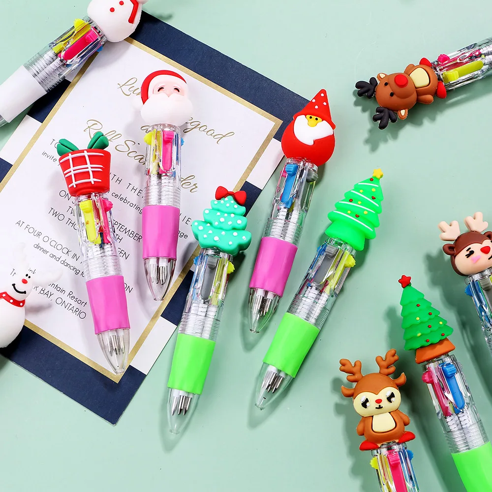 1Pcs Kawaii Christmas Mini 4 Color Ballpoint Pen Cute Elk Santa Claus Gift Retractable Pen Stationery School Supplies