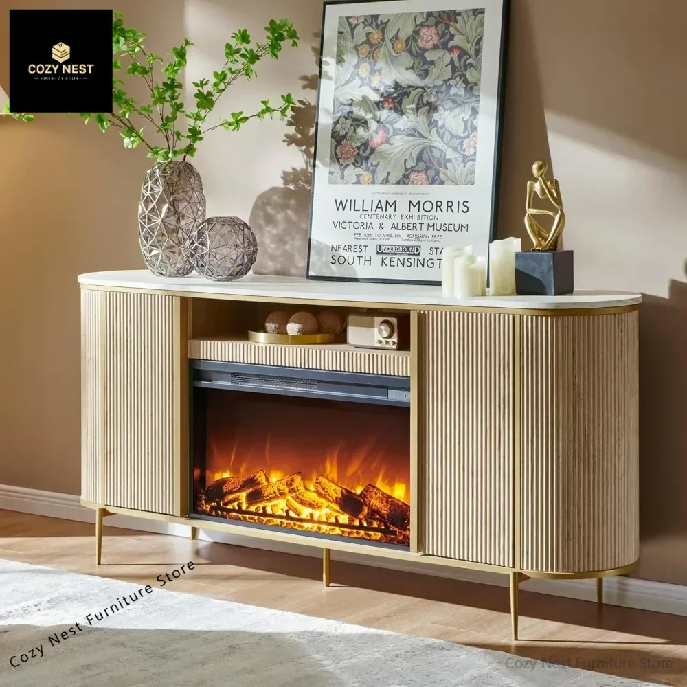 

70" Fluted Fireplace TV Stand, Chic Entertainment Center , TV Console with Faux Marble Top, Curved Profile Design