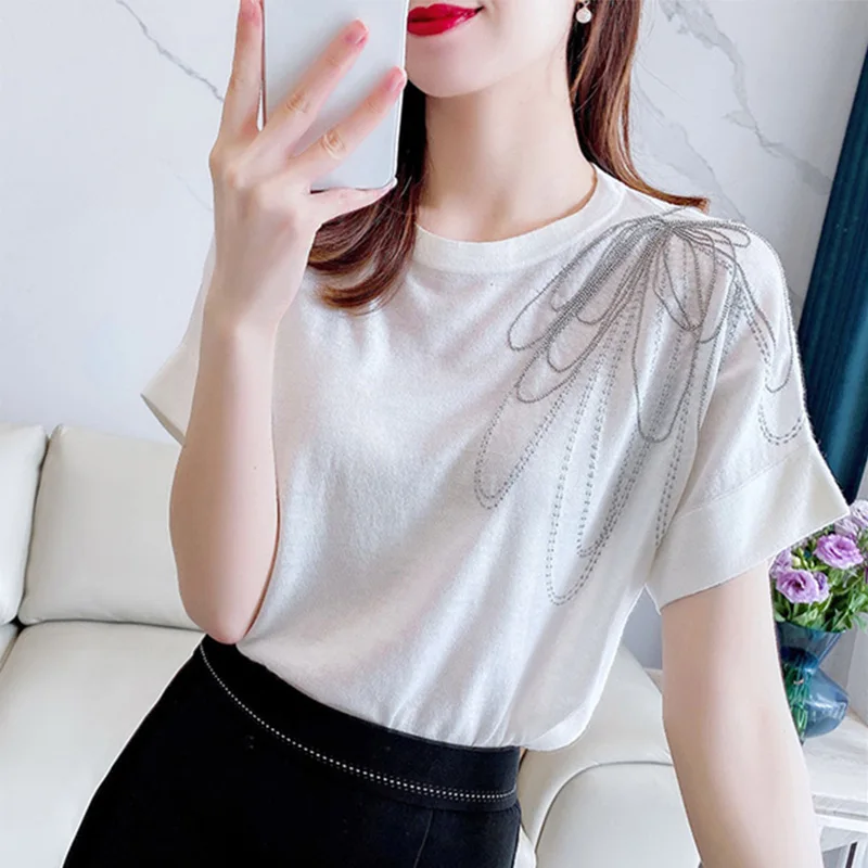 

Высококачественная европейская трикотажная футболка из ледяного шелка с коротким рукавом и круглым вырезом, корейская версия, для повседневной носки, женская.