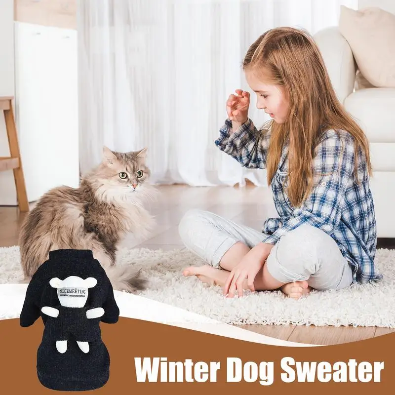 Small Dog Sweater With Bear Doll Turtleneck Knitted Cat Outfits Thick Autumn Puppy Clothing Turtleneck Cat Outfit For Outdoor