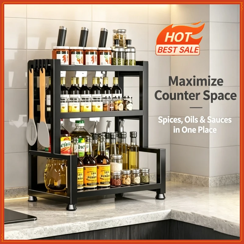 2-3 Tier Adjustable Metal Spice Rack Storage Box, Freestanding Multifunctional Kitchen Storage Rack, with Spice Protection