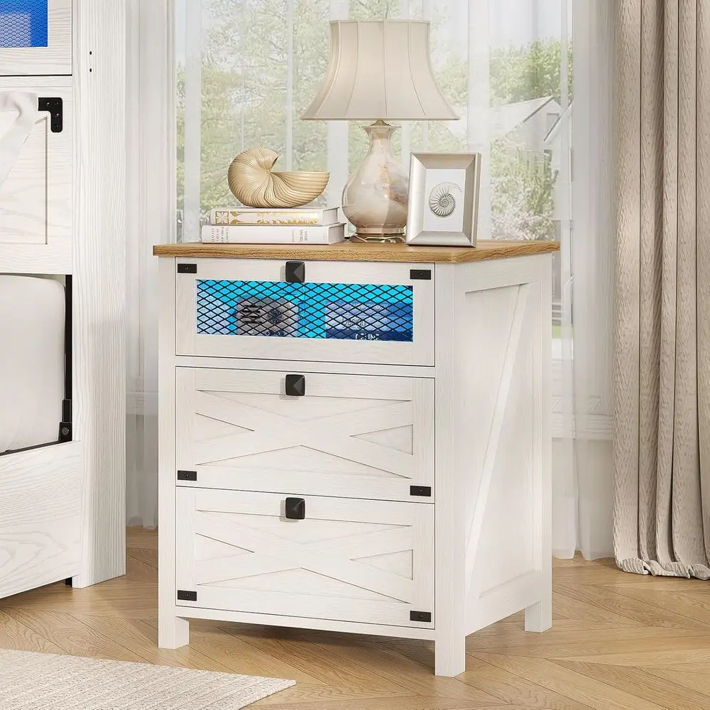

Rustic White Vintage Nightstand with Charging Station, LED Lights, and 3 Drawers for Bedroom muebles de dormitorio nightstand