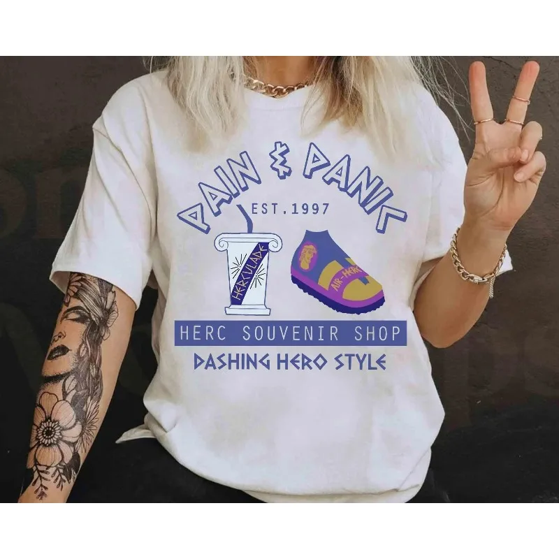 ديزني هرقل الألم والذعر هيركي تذكارية متجر 1997 قميص القطن كل موسم قاعدة طبقة قميص جرافيك تي شيرت