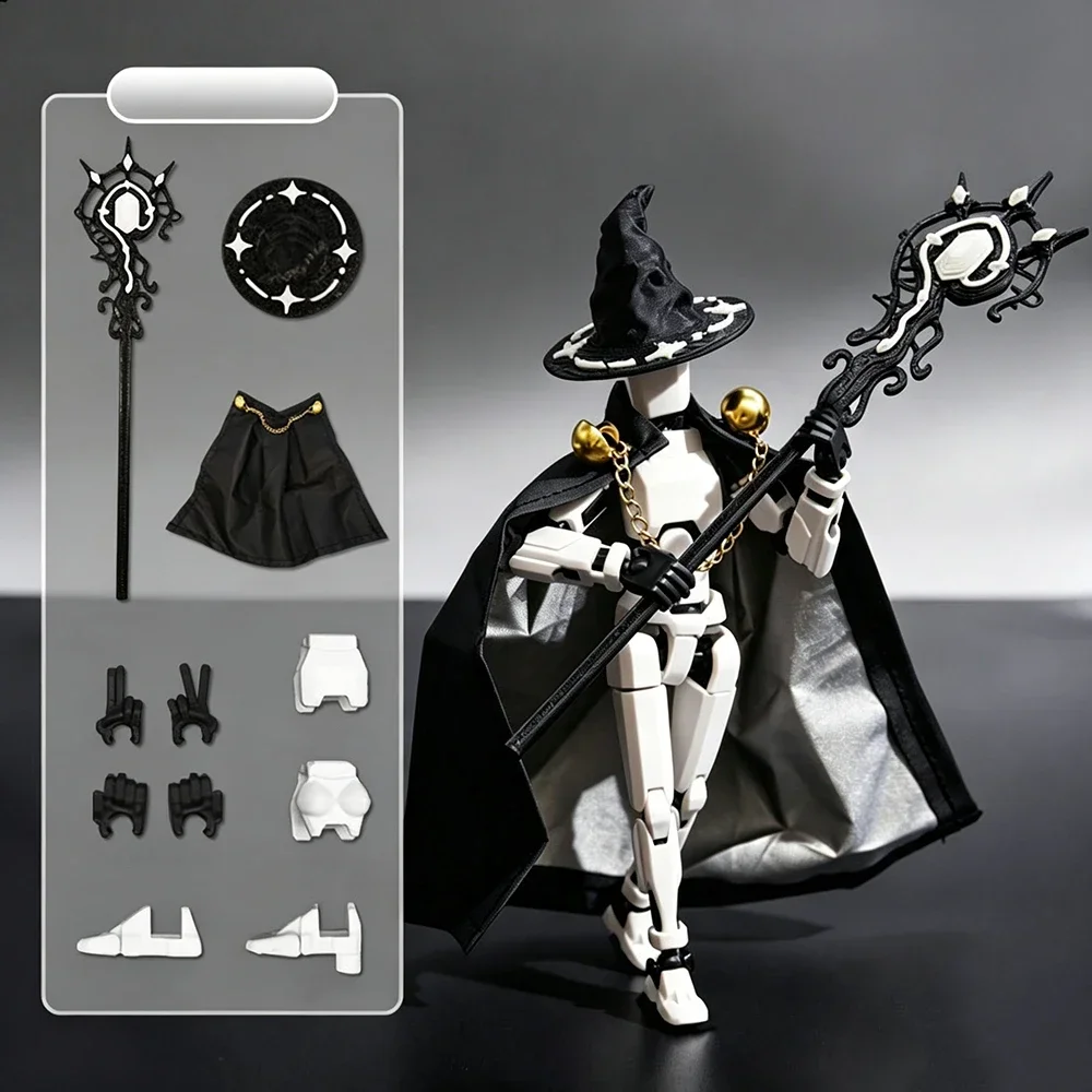 Multi-joint Movable Transformers Doll Comes with Magic Staff Cloak and Hat, Desktop Decoration Premium Collectible Piece