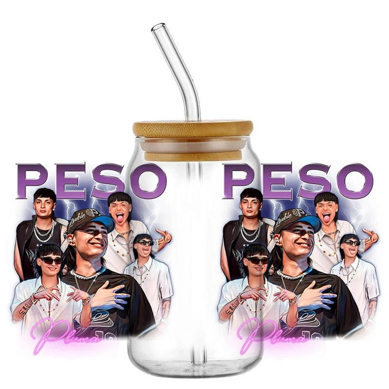 Latin Urban Singer Peso Pluma UV DTF Wraps, Mexican Inspired Portrait Stickers for 16oz Glass Cans, Waterproof DIY Decals
