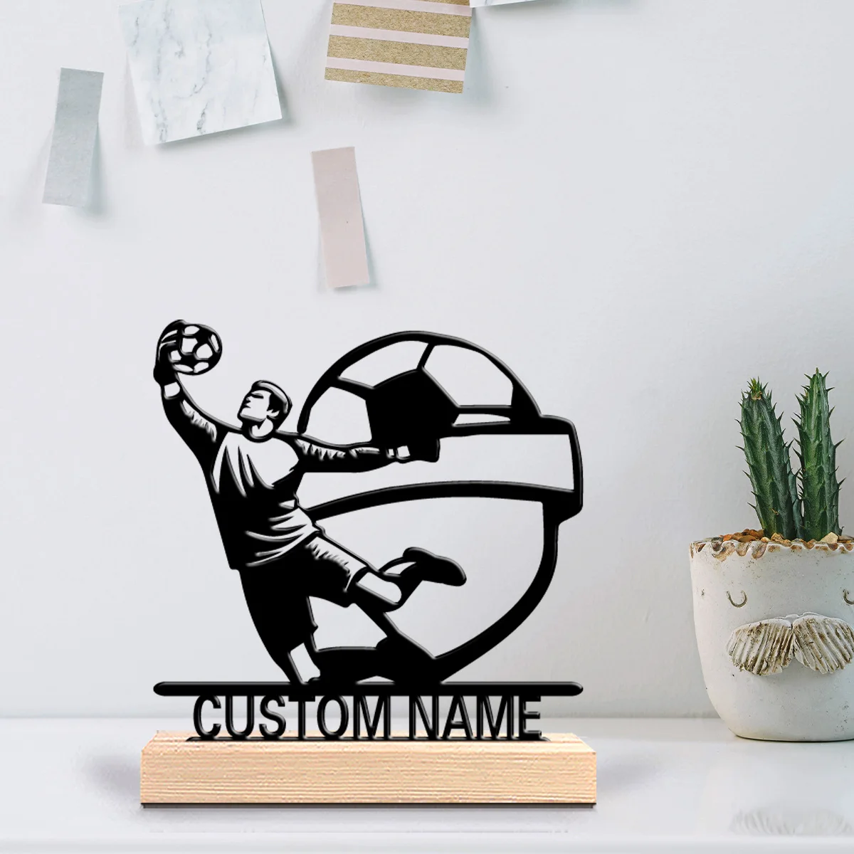 1pc soccer Personalized Name Metal Statue Metal Ornament Handicraft With Wood Base With Wood Base Home Table