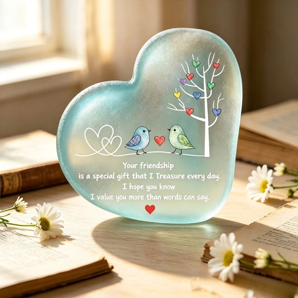 10cm / 3.94in Heart Shaped Friendship Acrylic Plaque, Cute Bird Printed Keepsake Desk Decor Ornament Gift For Best Friends
