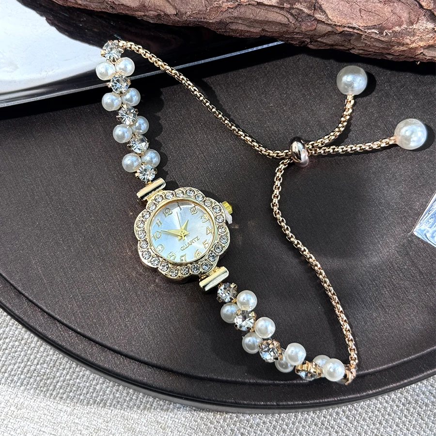 Double-Row Pearl Pull-Open Bracelet Diamond-Encrusted Case Arabic Numeral Scale Ladies Quartz Watch