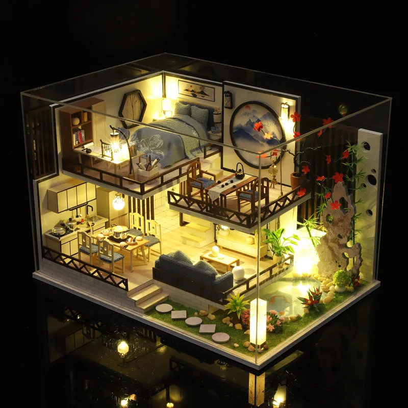 

New Chinese Style Casa Luxury Two-story Duplex Loft Model Handmade Dollhouse Wooden Miniature Doll House Kit with Furniture Toys