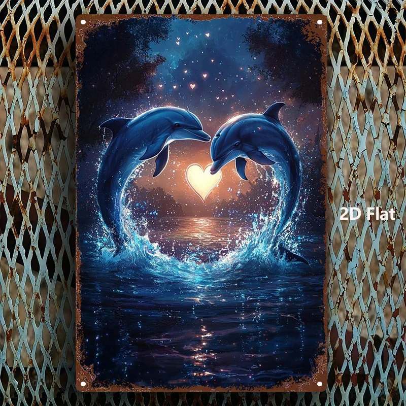 2D Flat, 1pc, Metal Sign, Dolphin Heart-Shaped Splash Art Decor Poster, Suitable for Bathroom, Man Cave, Bedroom, Garden, Home O