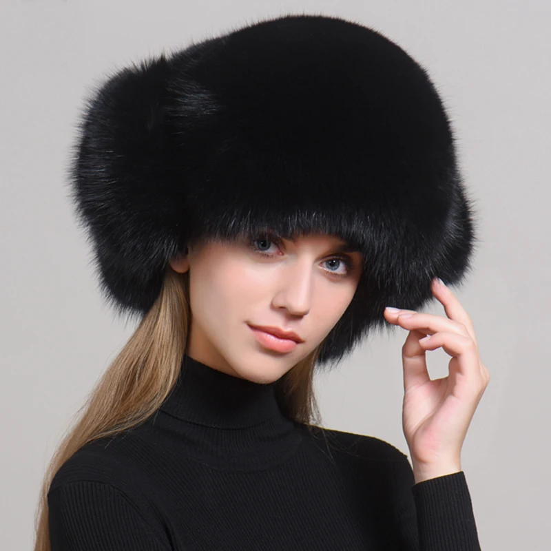 Real fur 100% Fox Skin Russian Businessmen Pilot Bombers Full Fur Women hat Ushanka Winter Ear Guard Hat Raccoon Fur Beanie hat