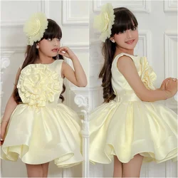 Yellow Flower Girl Dresses Baby for Wedding 3D Floral Knee Length Baby Kids Formal Wear for Photoshoot First Communion Gowns