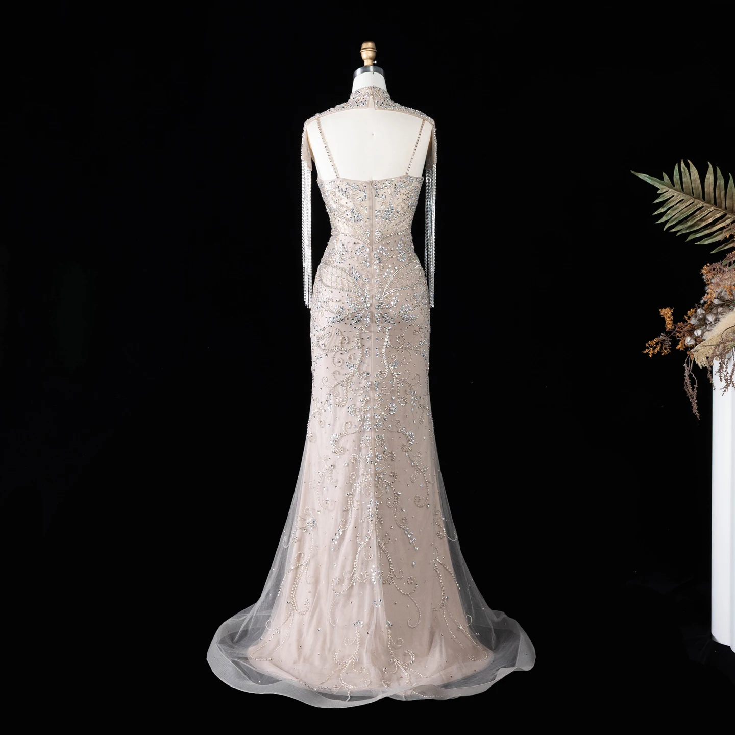 Sharon Said Luxuriöses Champagner-Abendkleid mit hohem Kragen, Spaghettiträgern, Quastenumhang, Meerjungfrauen-Schnitt, für formelle Anlässe, Partykleid SS182, maßgeschneidert – Detail 10