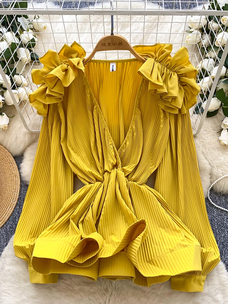 

European Fashion V-neck Black Fungus Edge Splicing Long Sleeved Blouse Women Autumn New Collection Waist Lotus Leaf Hem Top C337