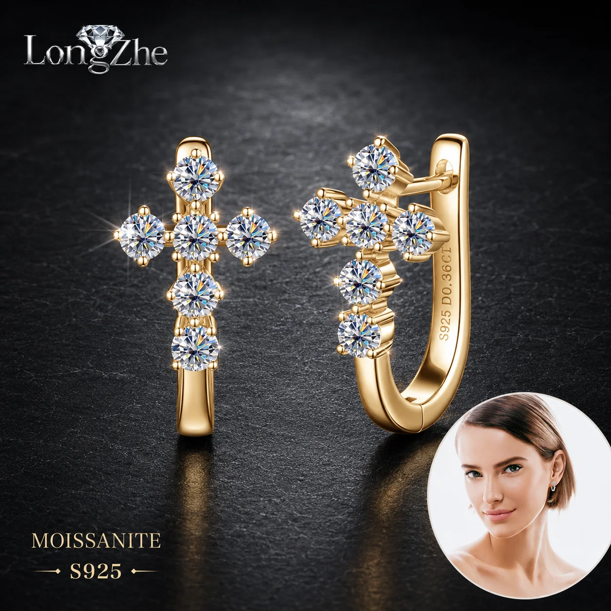 LongZhe S925 Silver Moissanite Cross Hoop Earrings 0.36CT+0.36CT D Color GRA Certificate Diamond Tester Passed Fine Jewelry Gift