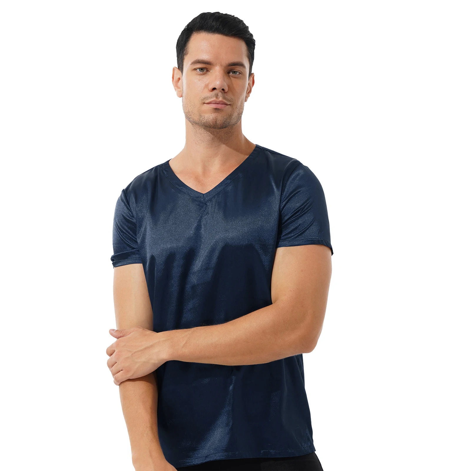 Iiniim Mens Satin T-Shirt Male V Neck Short Sleeve Casual T-Shirt Loose Pajamas Tops Solid Color Loungewear Sleepwear Tees Tops