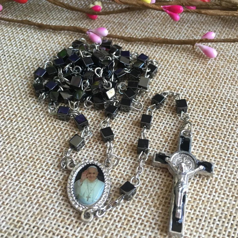 6mm square bead hematite rosary with papa Francisco rosary center and Benedict cross to be packed with velvet beam pocket