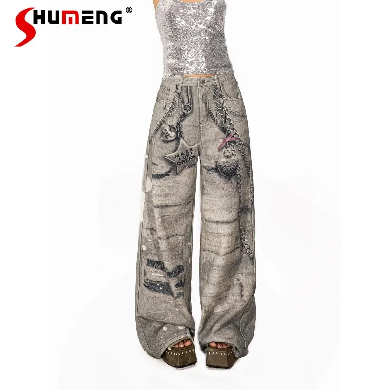 

Heavy Industry Chain Digital Print Jeans Summer Retro Millennial Y2k Soft Girl Wide Leg Trousers Fashion Long Denim Pants Female