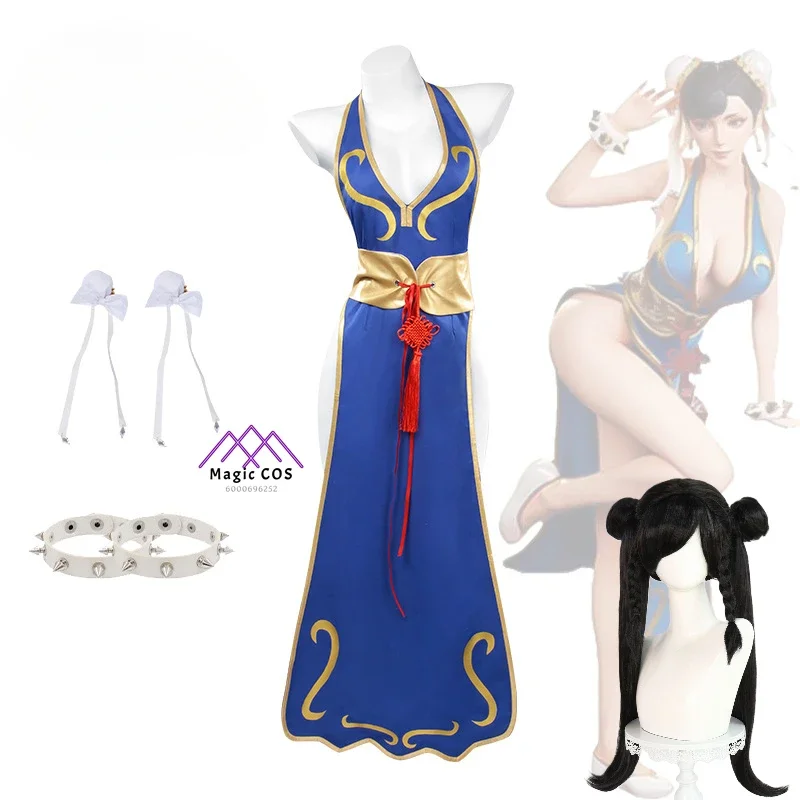 

Game Anime Chun Li Cosplay Costumes for Women Cheongsam Blue Sexy Dresses Game Uniform Christmas Carnival Comic-Con Party Dress