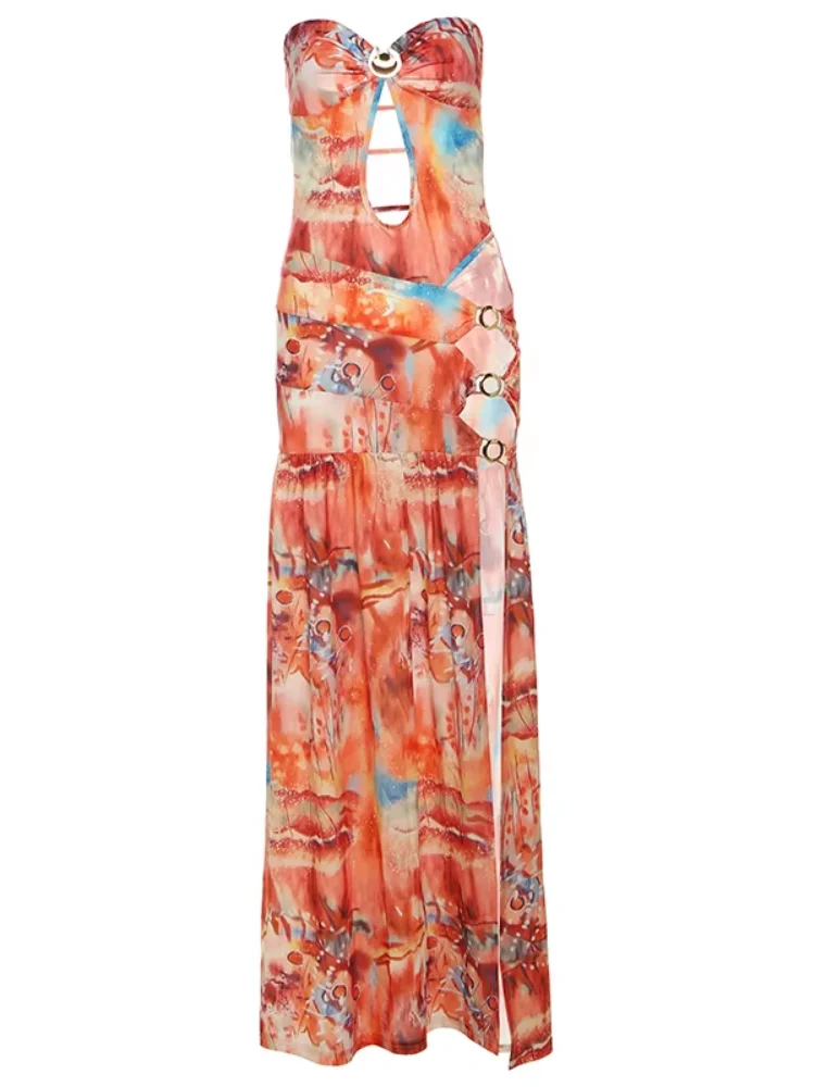 Sisterlinda lanzamiento de primavera moda Junior ocio Sexy High Street vestido largo chica estampado escote ahuecado bata sin espalda