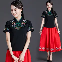 Chinese Style Clothing Women Vintage Floral Print Qipao Tops Hanfu Tee Shirt Qi Pao Tang Suit Blouse T-Shirt Cheongsam Top V1938