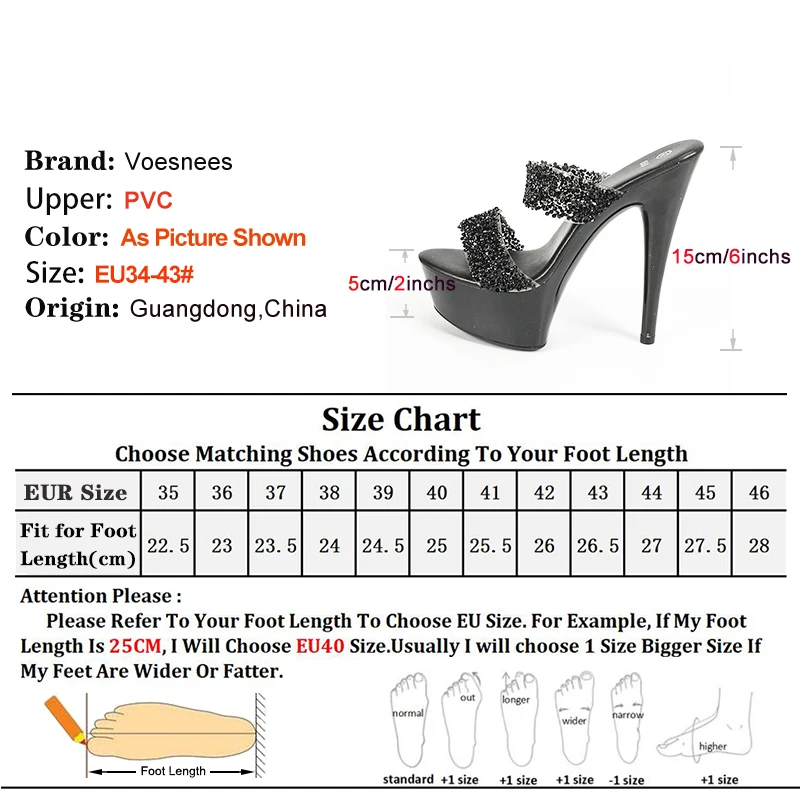 15CM Super High Heels Black Slippers For Women Summer Stage Thick Platform Shoes Nightclub Bling Sequin Rhinestone Sandals Mules