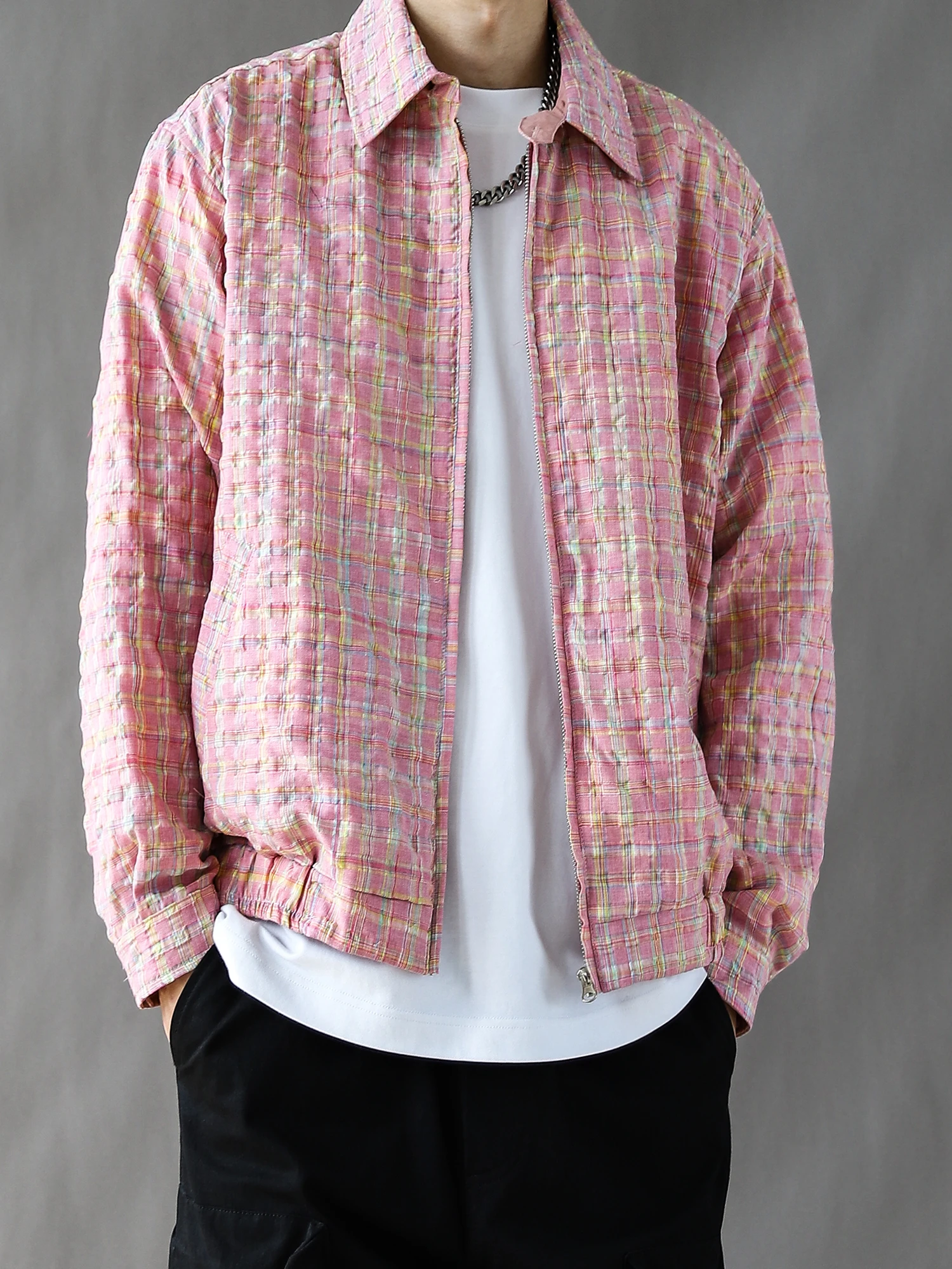 

Retro Japanese Plaid Jaet Men's Spring Autumn Loose Casual Collar up irt Faionable Brand New 2025 Zipper Closure Cotton...