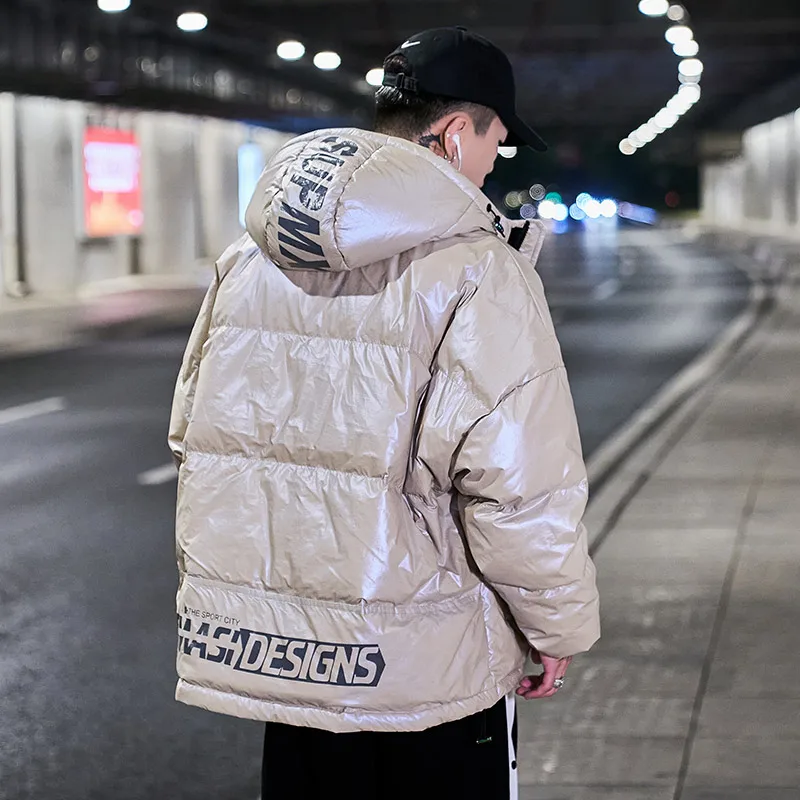 

Зимняя мужская пуховая куртка с капюшоном, глянцевая, с принтом, свободного кроя, для активного отдыха, городская, повседневная, из полиэстера