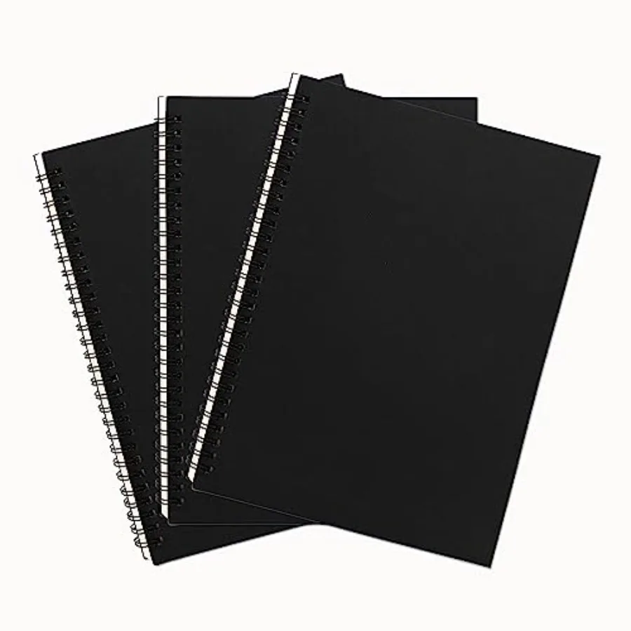 

10 inch x 7.5 inch, 100GSM, Blank Spiral Notebook, 3-Pack, Soft Cover, Sketch book, 120 Pages/ 60 Sheets, Black