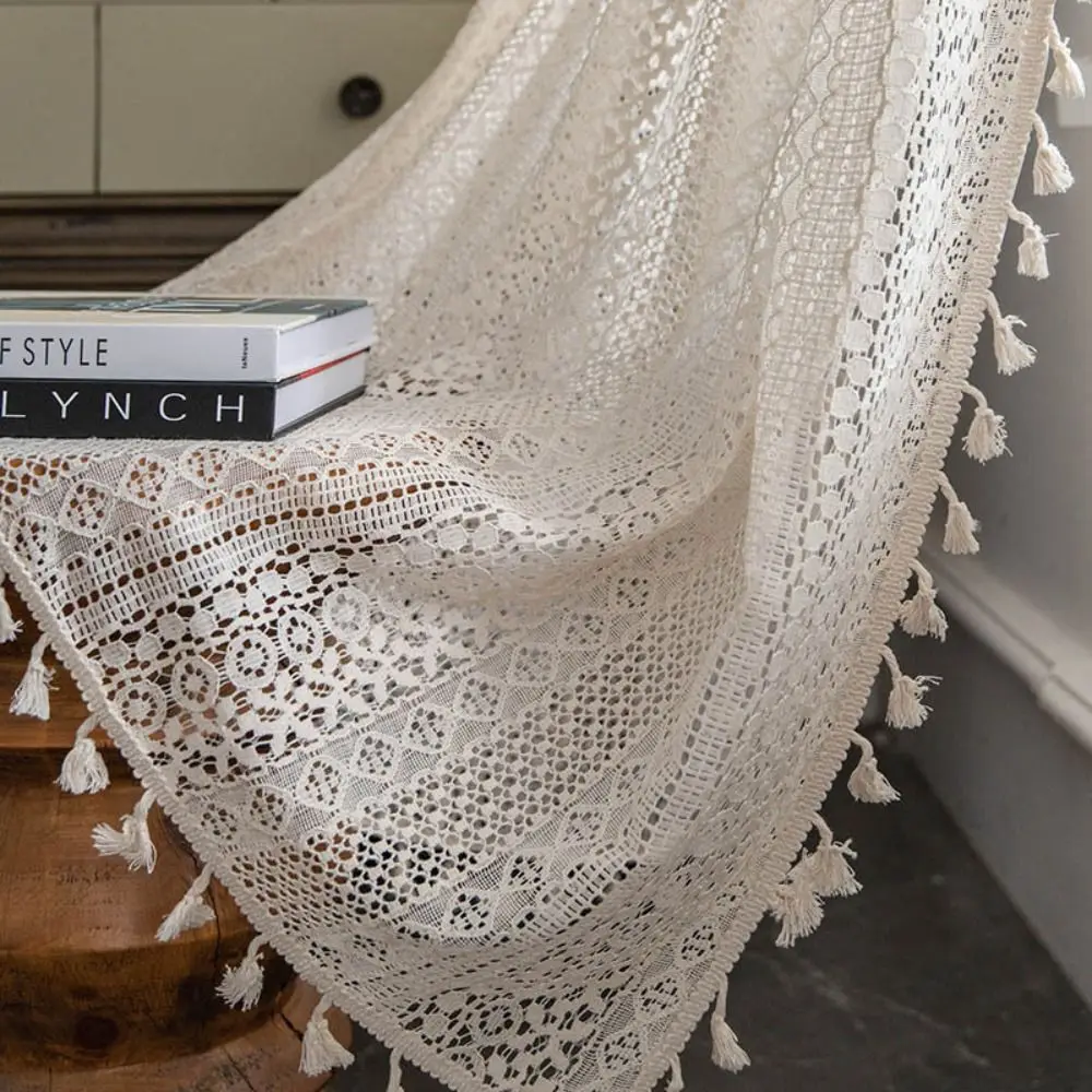Window Treatment Translucent Crochet Curtain Tassels Beige Cotton Curtain Multi Size Hollow Hollow Curtain Drapes